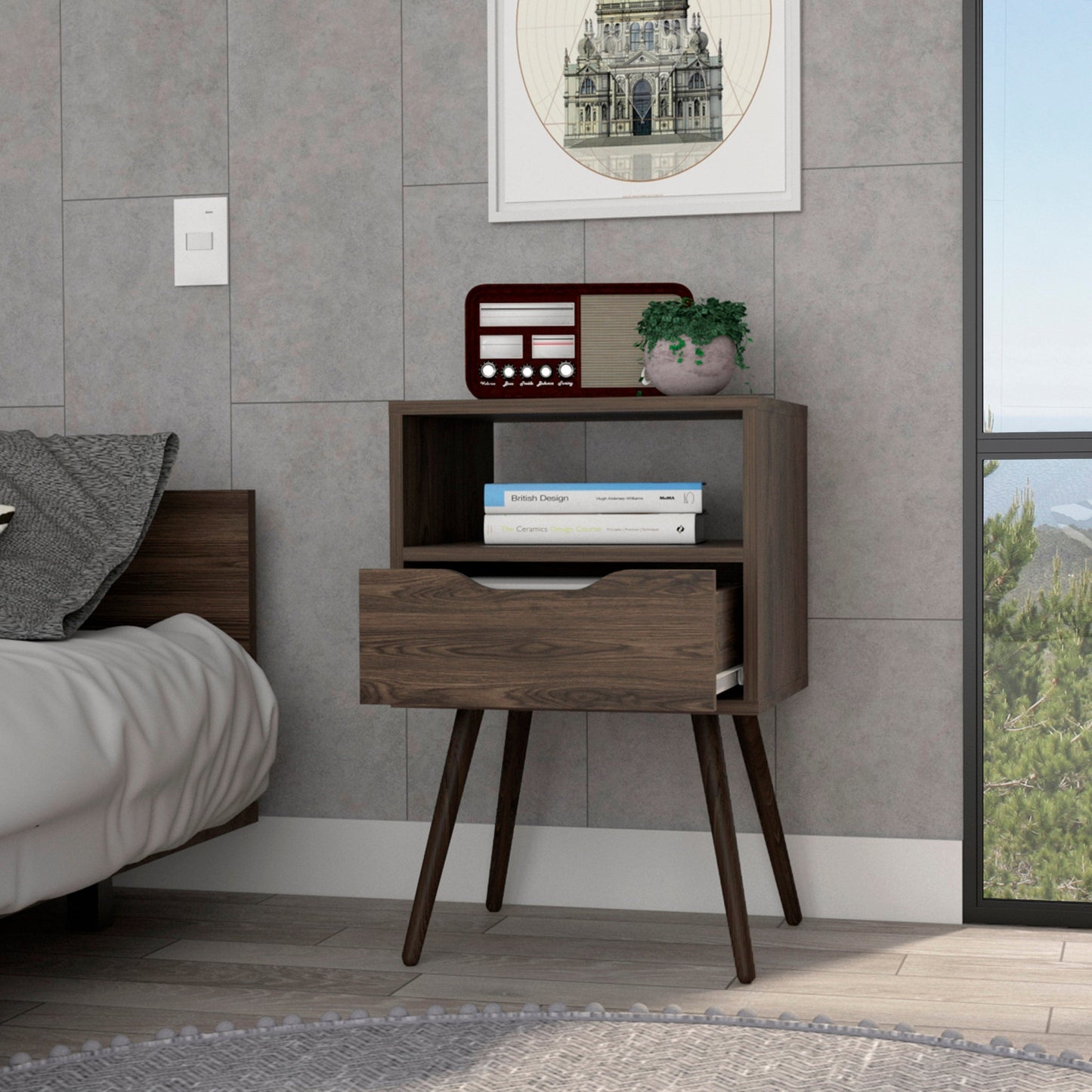 25" Brown Wood One Drawer Nightstand