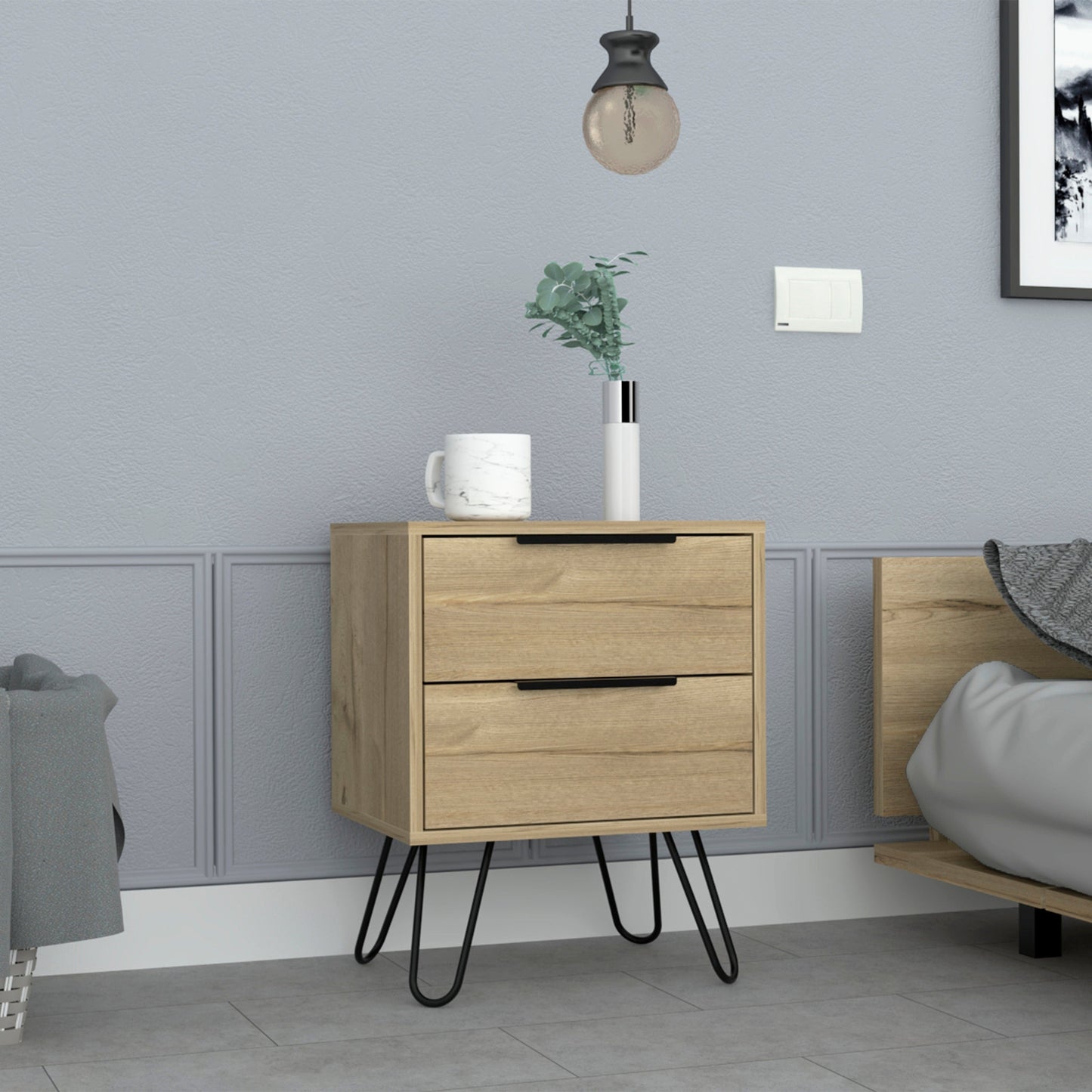 22" Oak Wood Two Drawer Nightstand