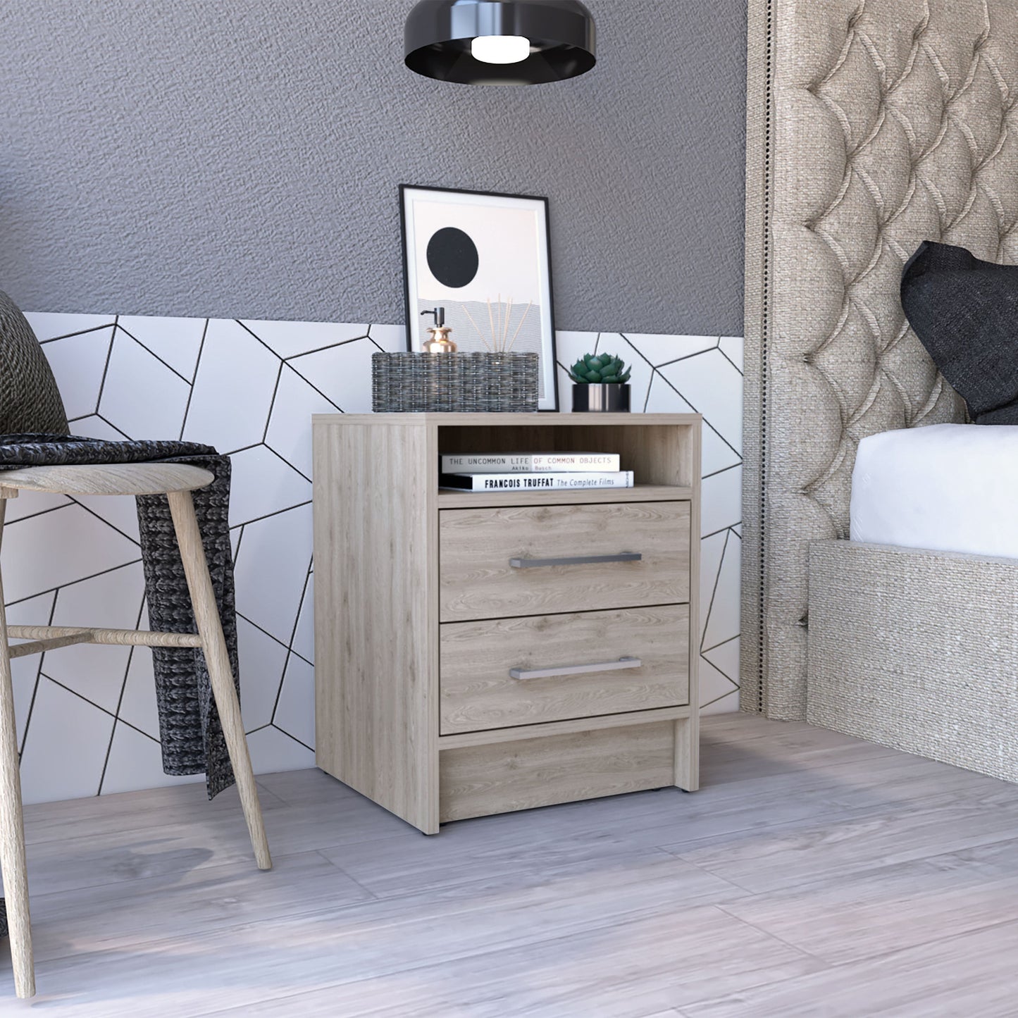 20" Gray Wood Two Drawer Nightstand