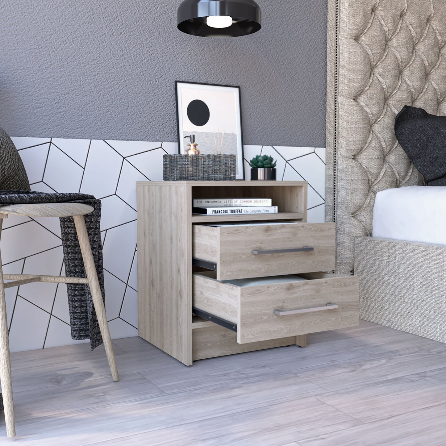 20" Gray Wood Two Drawer Nightstand