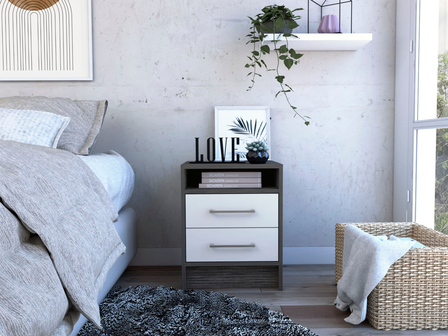 20" Gray Wood Two Drawer Nightstand