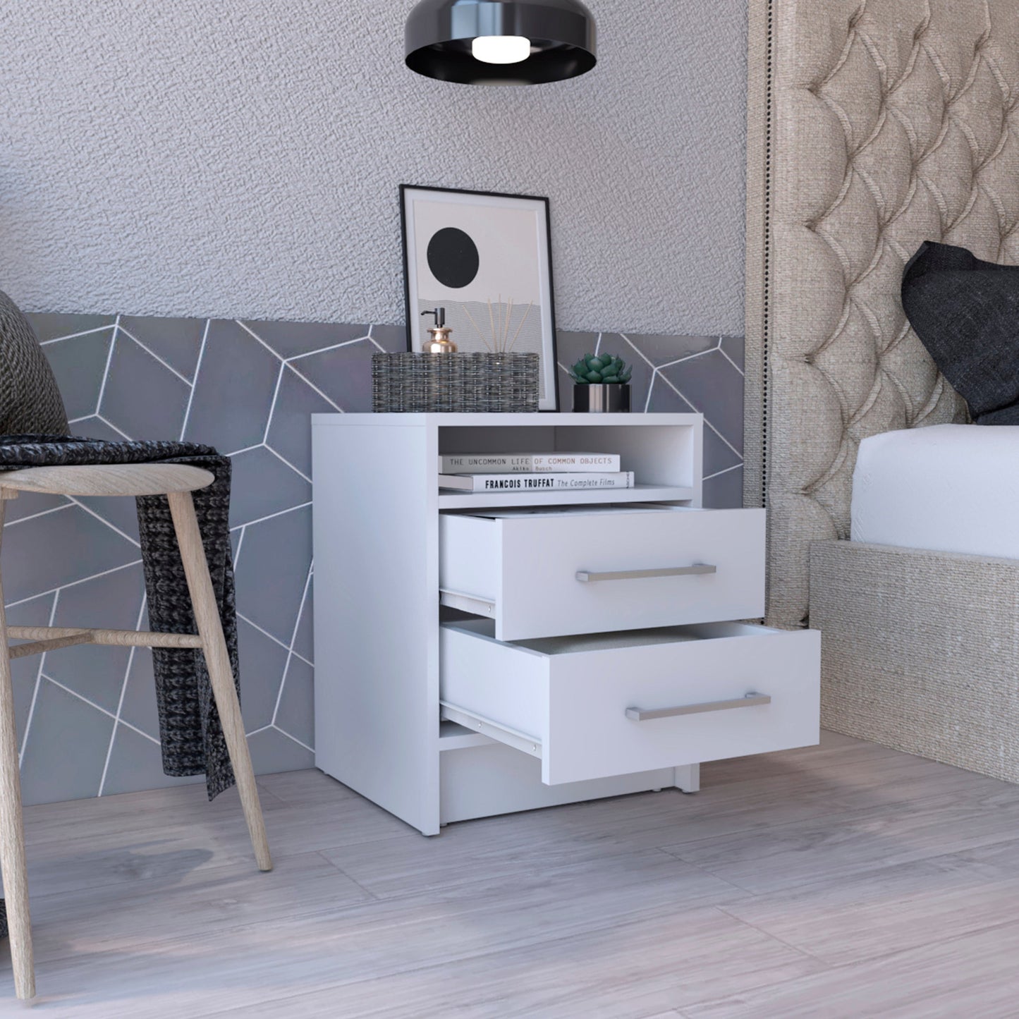 20" White Wood Two Drawer Nightstand