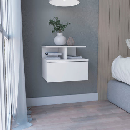 12" White Wood One Drawer Floating Nightstand