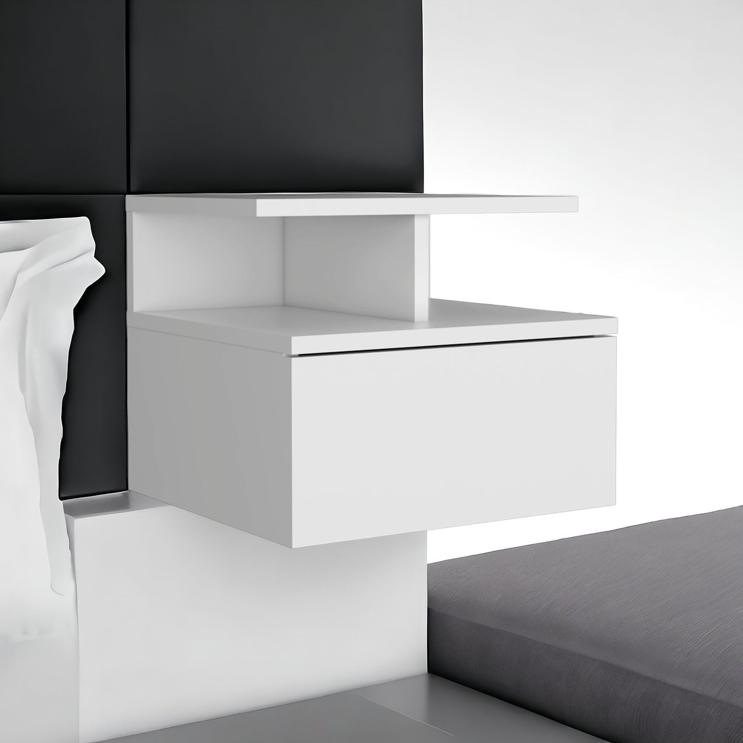 12" White Wood One Drawer Floating Nightstand