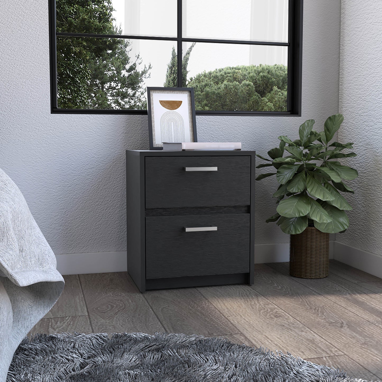 19" Black Wood Two Drawer Nightstand