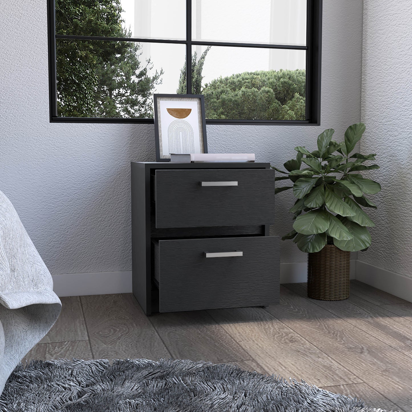 19" Black Wood Two Drawer Nightstand