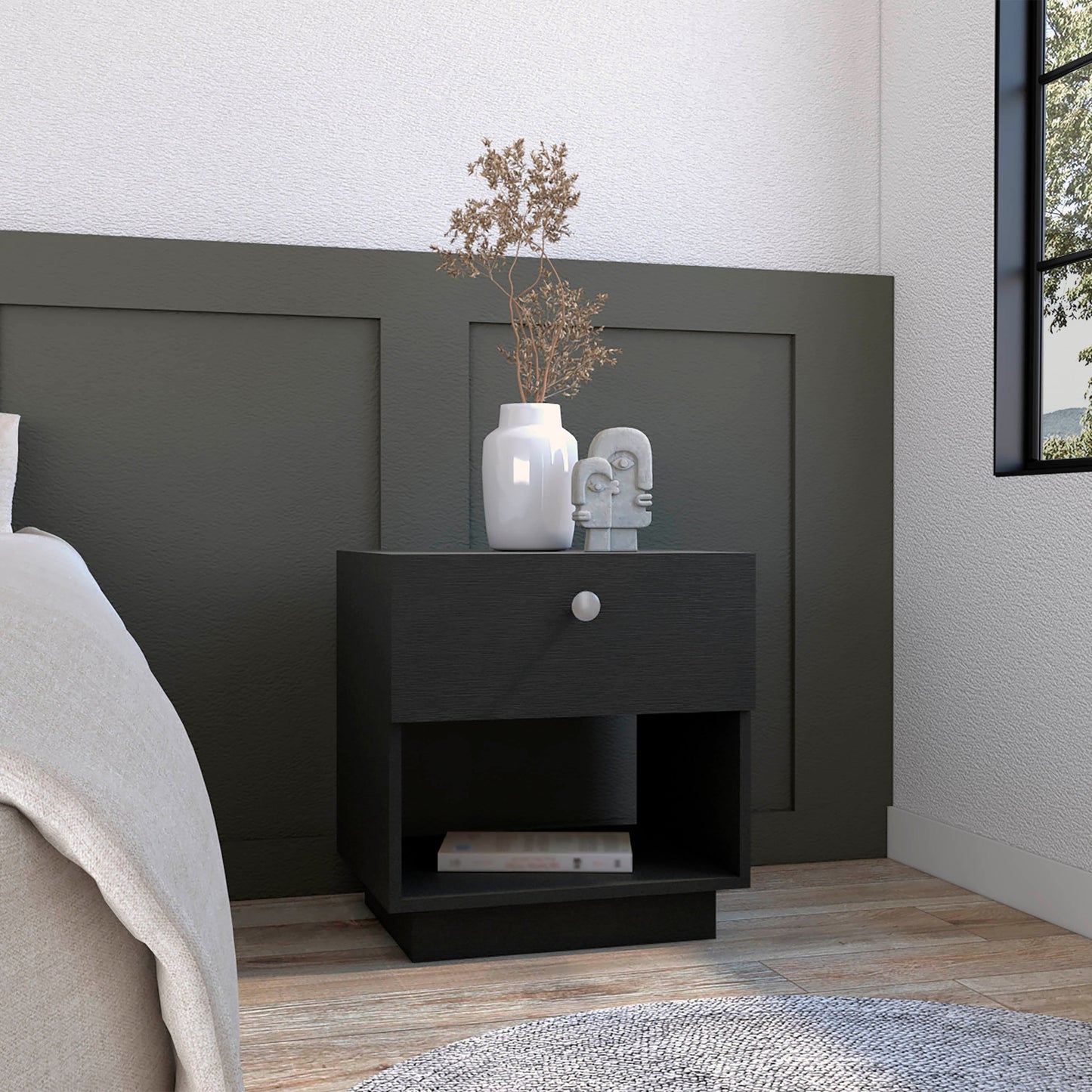 20" Black Wood One Drawer Nightstand
