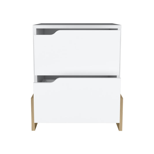 20" White And Natural Wood Two Drawer Nightstand