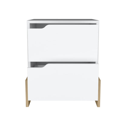 20" White And Natural Wood Two Drawer Nightstand