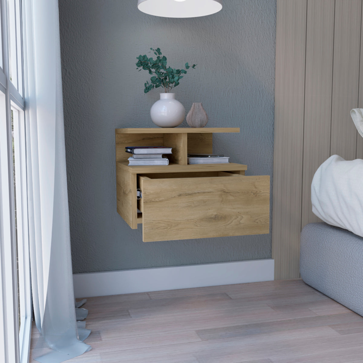12" Beige Wood One Drawer Floating Nightstand
