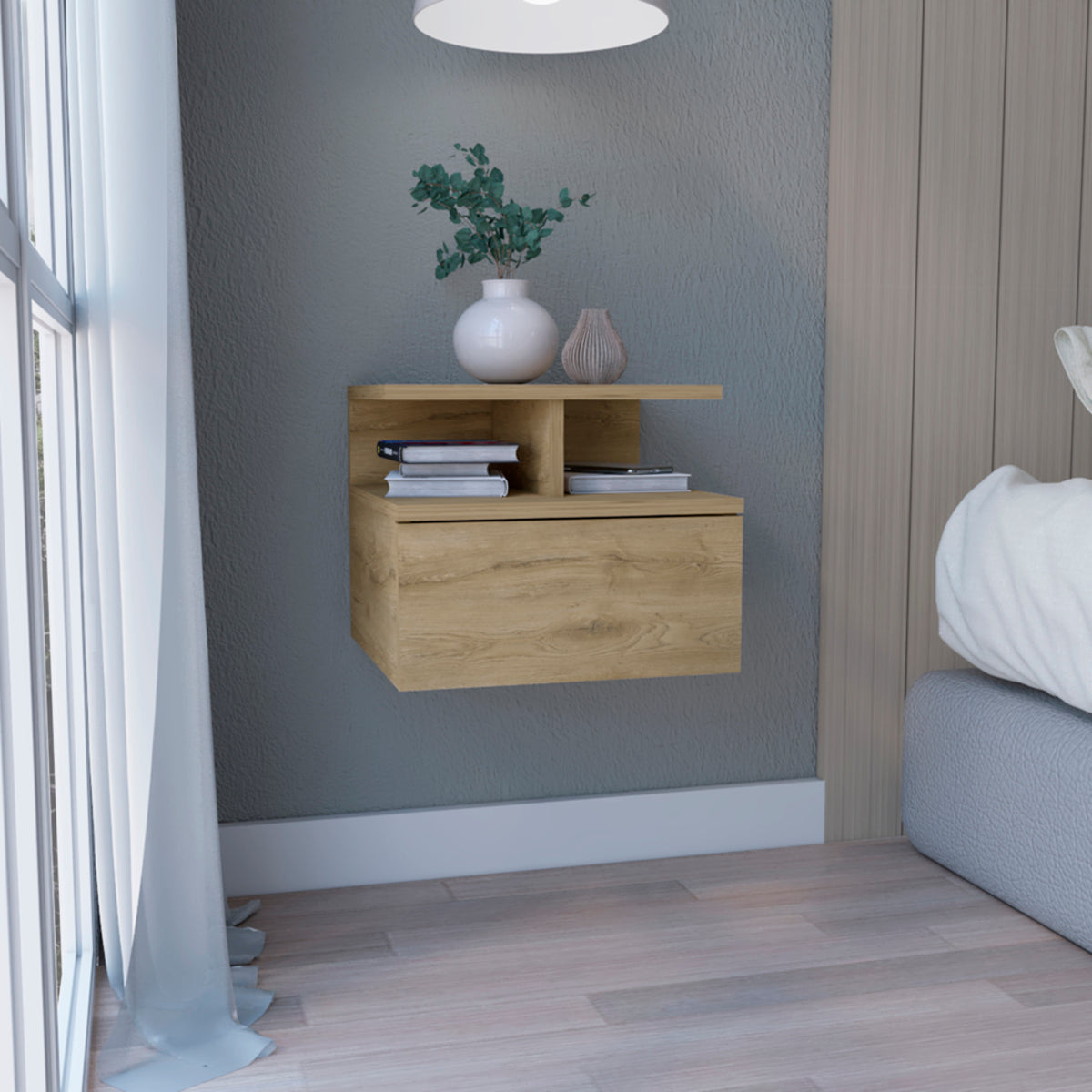 12" Beige Wood One Drawer Floating Nightstand
