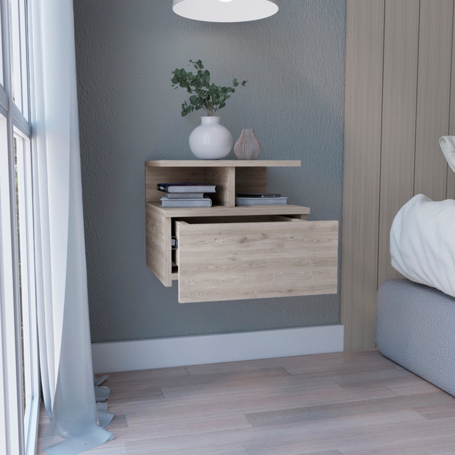 12" Gray Wood One Drawer Floating Nightstand