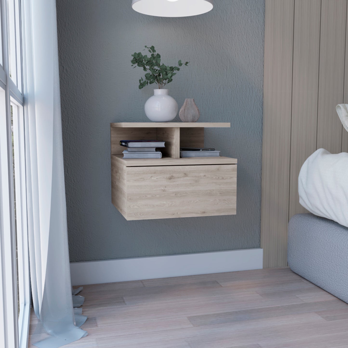 12" Gray Wood One Drawer Floating Nightstand