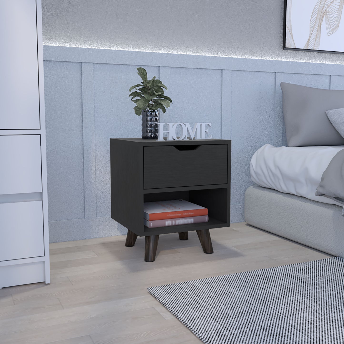 19" Black Wood One Drawer Nightstand