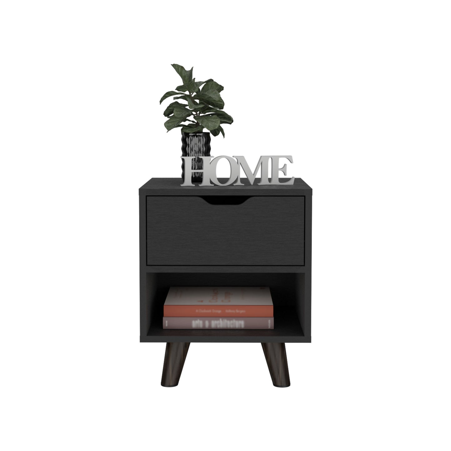 19" Black Wood One Drawer Nightstand