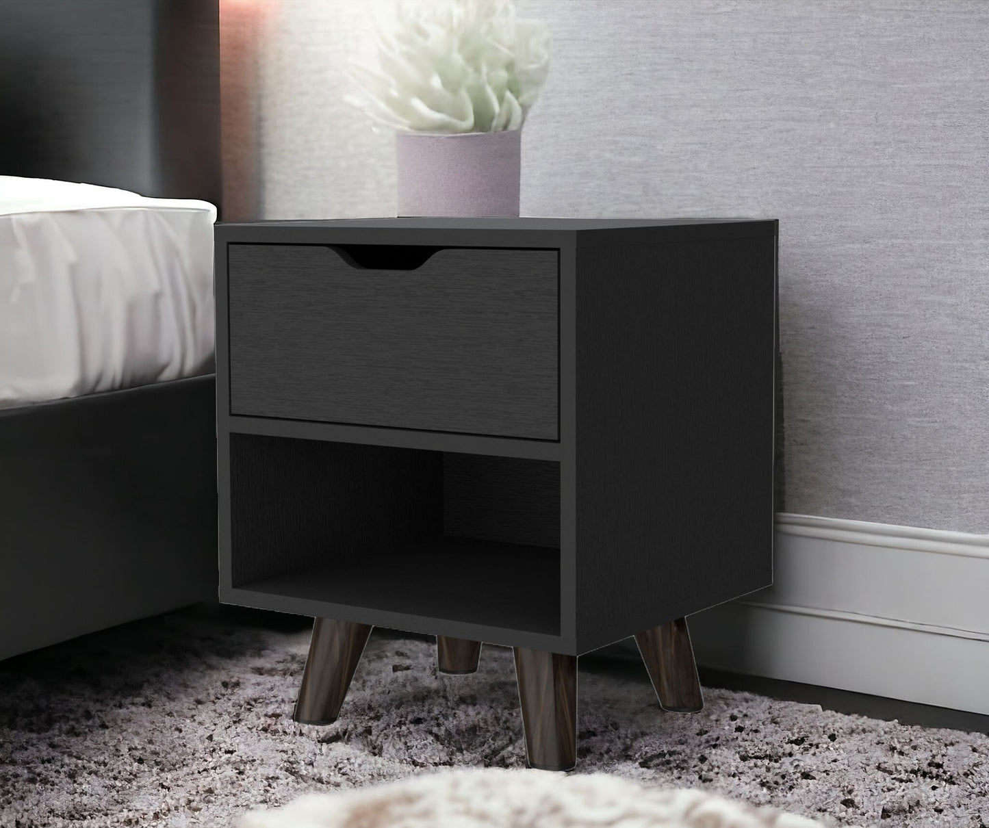 19" Black Wood One Drawer Nightstand