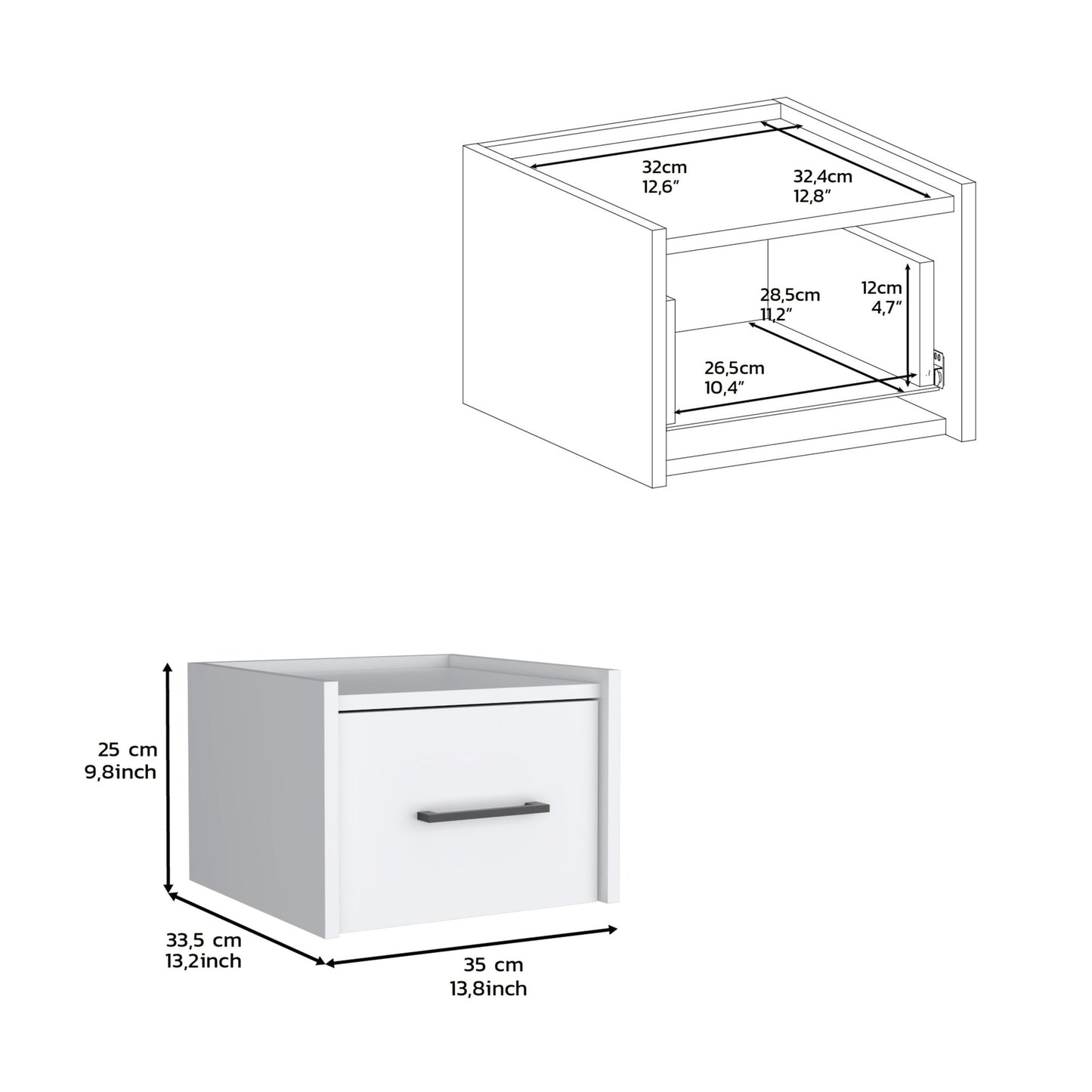 10" White Wood One Drawer Floating Nightstand