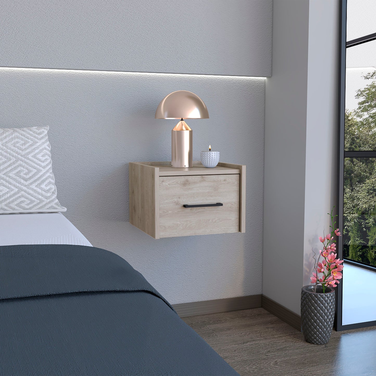 10" Gray Wood One Drawer Floating Nightstand