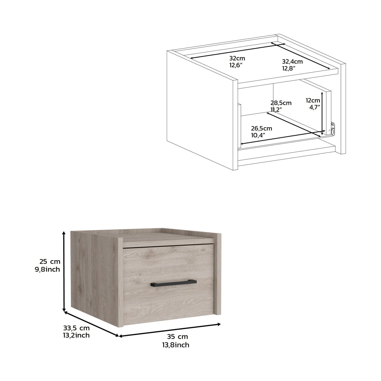 10" Gray Wood One Drawer Floating Nightstand