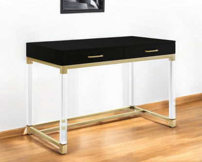 48" Black Clear and Gold Wood Acrylic and Stainless Steel Writing Desk With Two Drawers