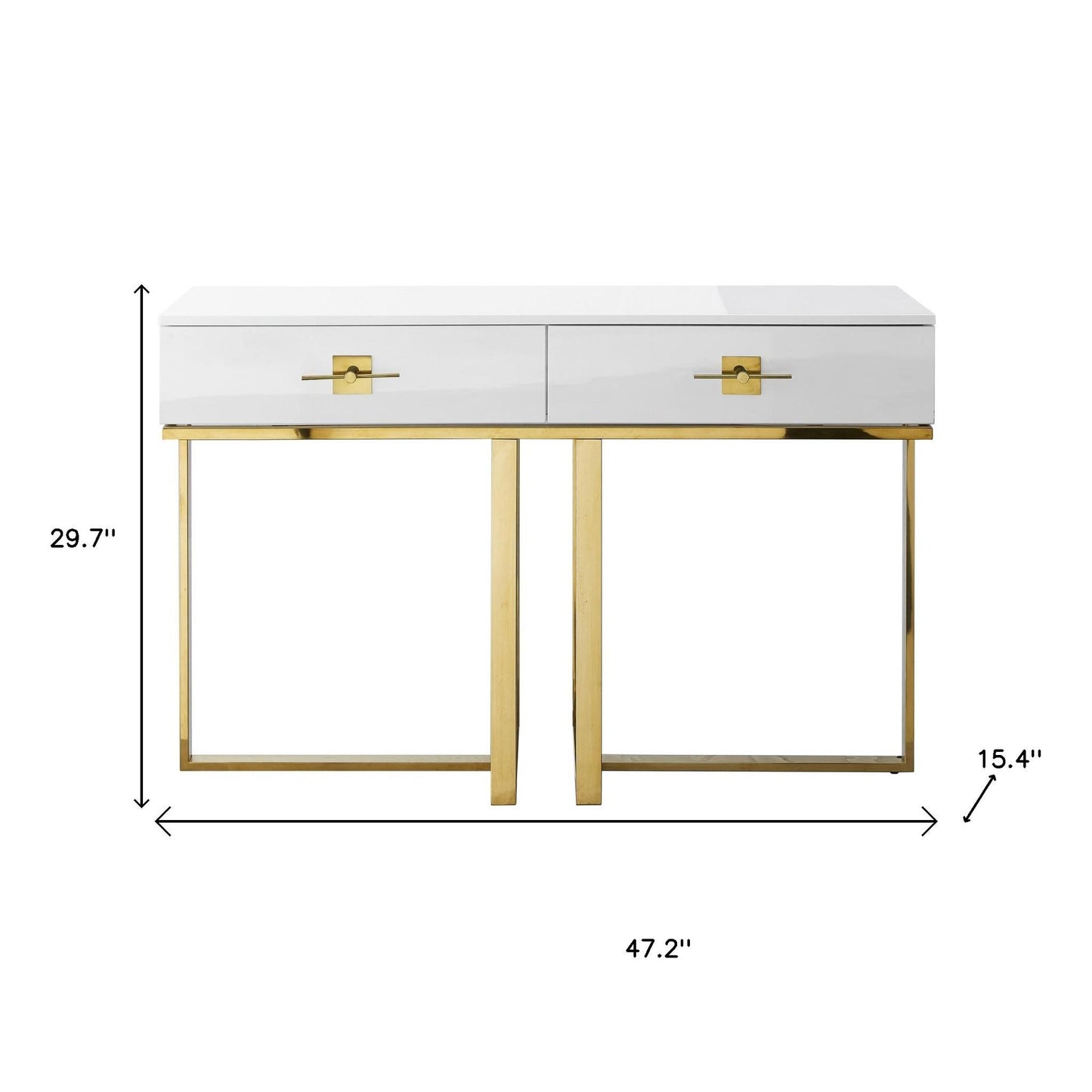 47" White Wood and Gold Stainless Steel Sled Console Table With Two Drawers
