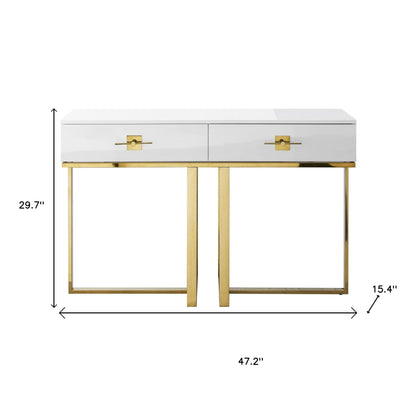 47" White Wood and Gold Stainless Steel Sled Console Table With Two Drawers