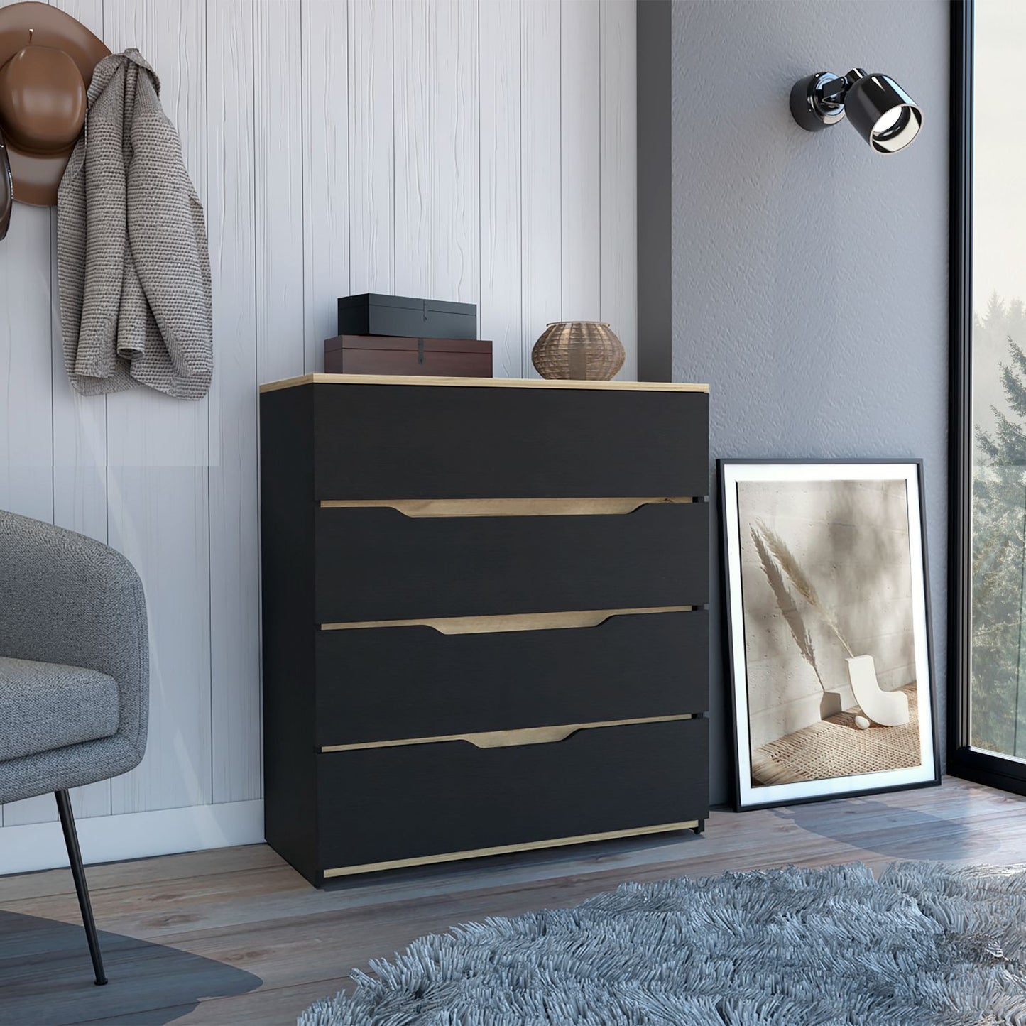 32" Natural And Black Four Drawer Dresser