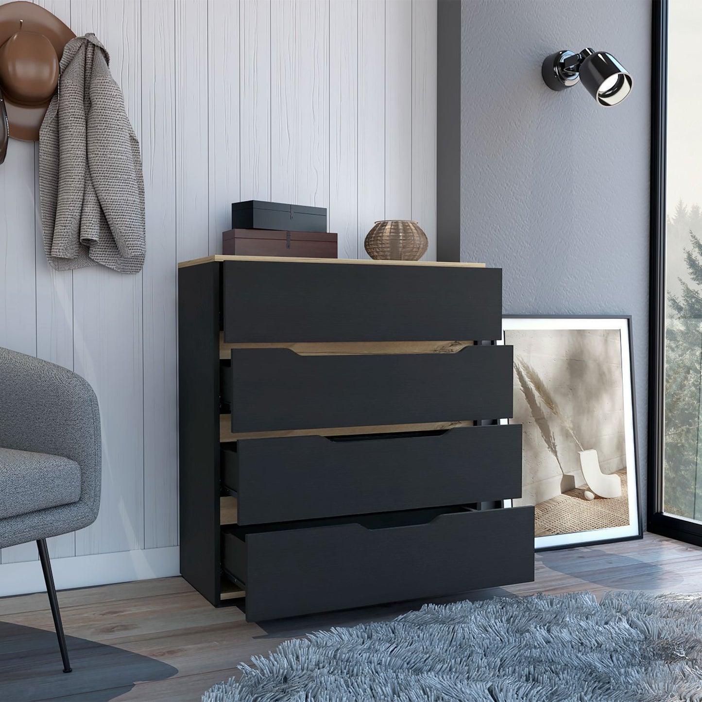 32" Natural And Black Four Drawer Dresser