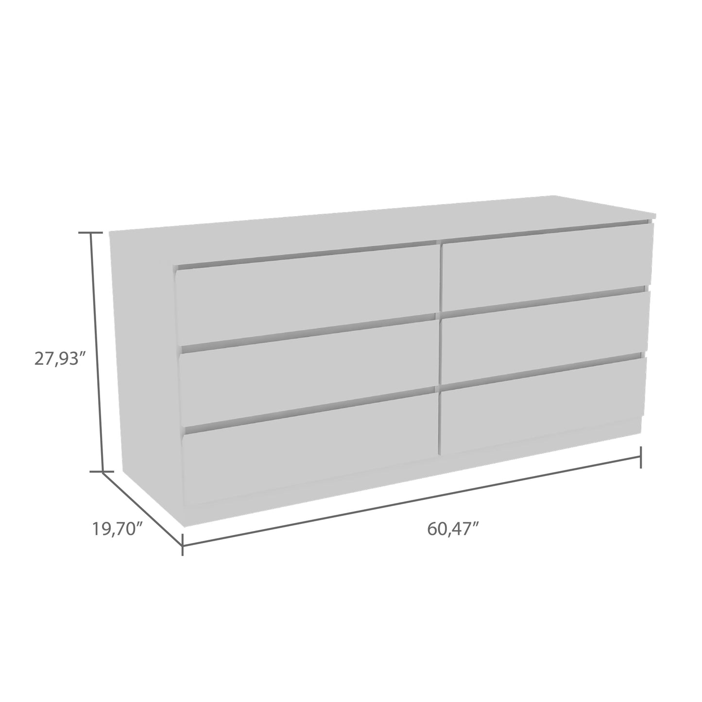 61" White Six Drawer Double Dresser