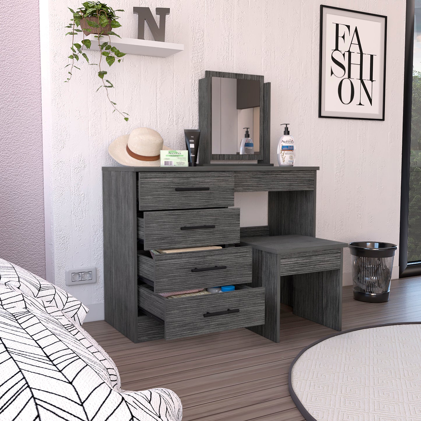 39" Gray Wood Four Drawer Vanity Table