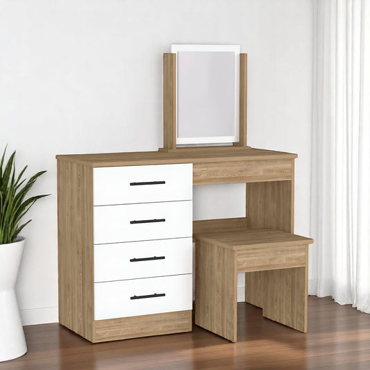 39" Natural And White Wood Four Drawer Vanity Table
