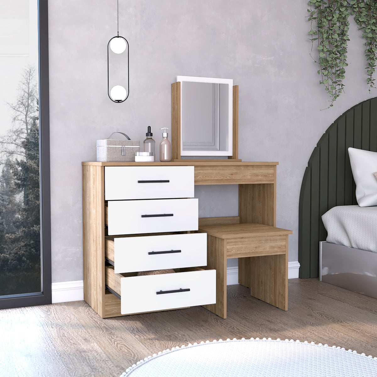 39" Natural And White Wood Four Drawer Vanity Table