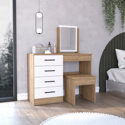 39" Natural And White Wood Four Drawer Vanity Table