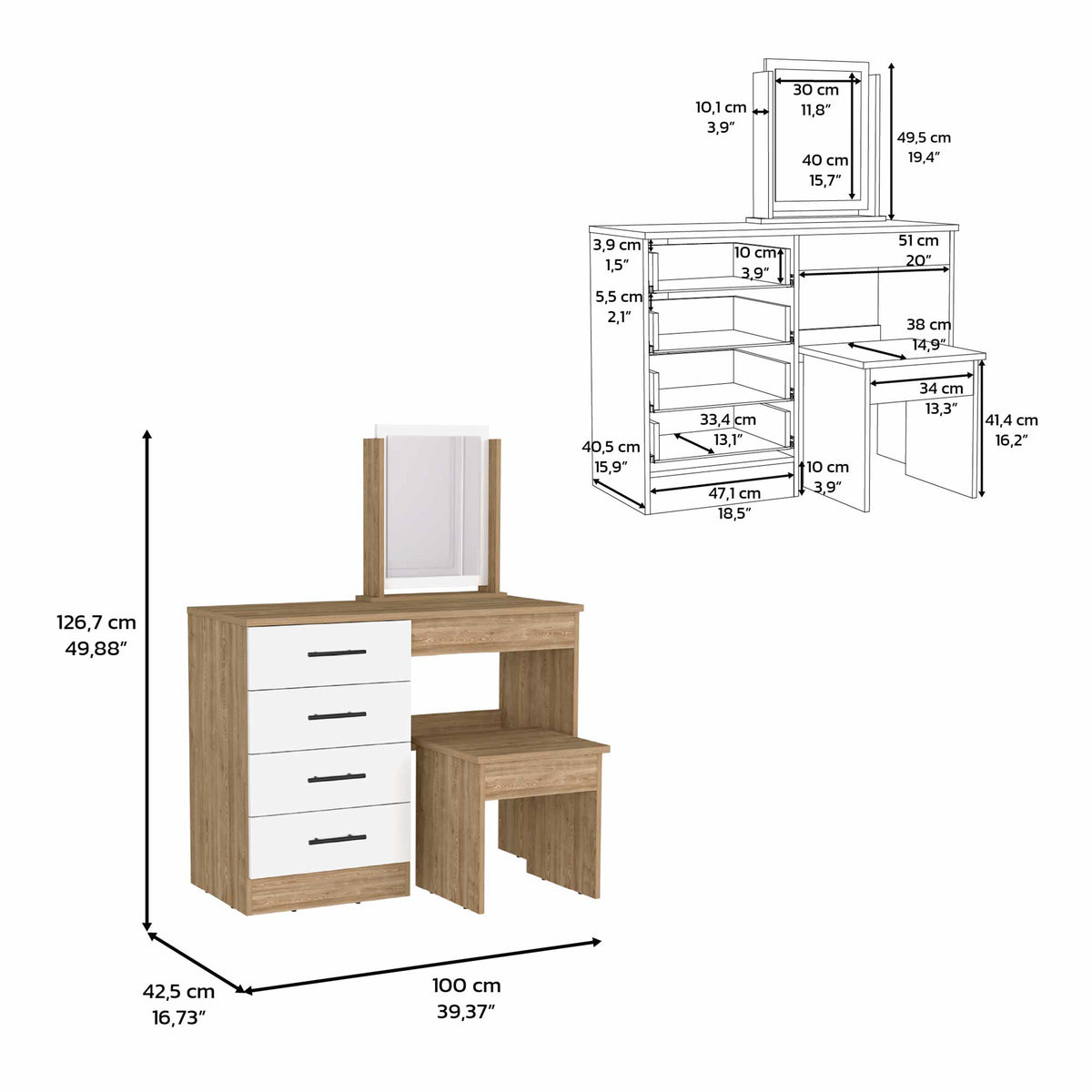 39" Natural And White Wood Four Drawer Vanity Table