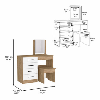 39" Natural And White Wood Four Drawer Vanity Table