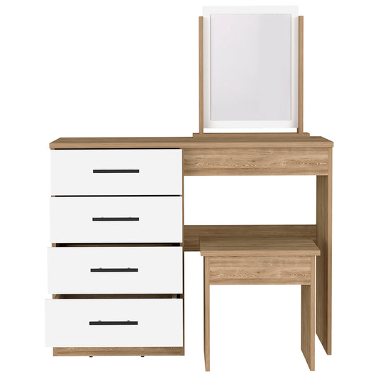39" Natural And White Wood Four Drawer Vanity Table