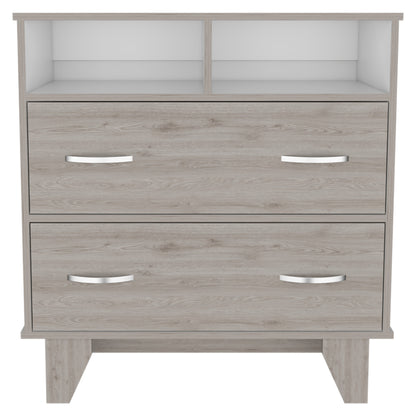 32" Light Gray Two Drawer Dresser With Open Shelving