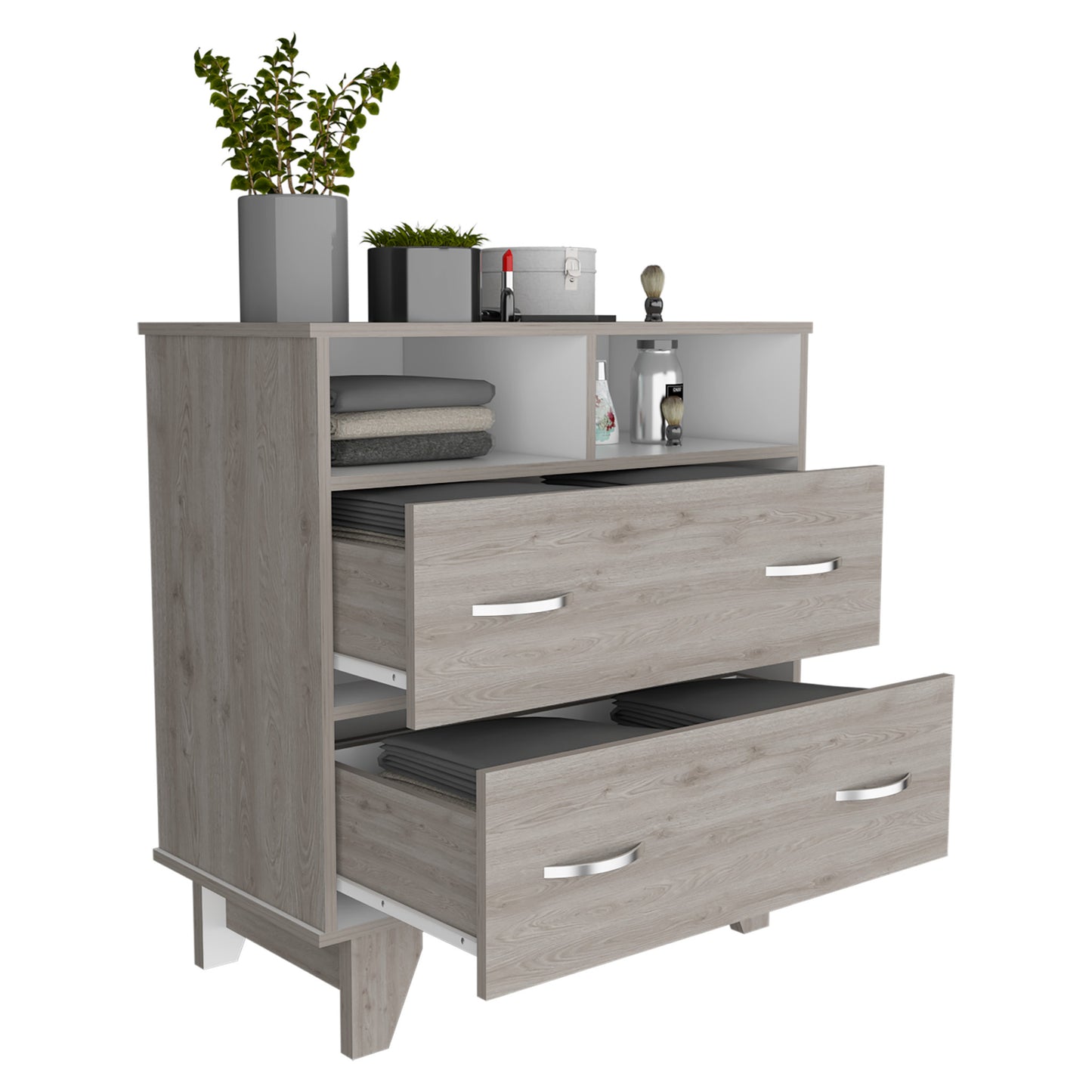 32" Light Gray Two Drawer Dresser With Open Shelving