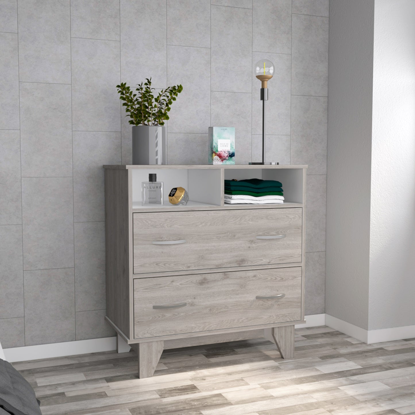 32" Light Gray Two Drawer Dresser With Open Shelving