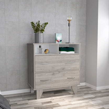 32" Light Gray Two Drawer Dresser With Open Shelving