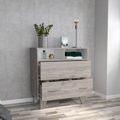 32" Light Gray Two Drawer Dresser With Open Shelving