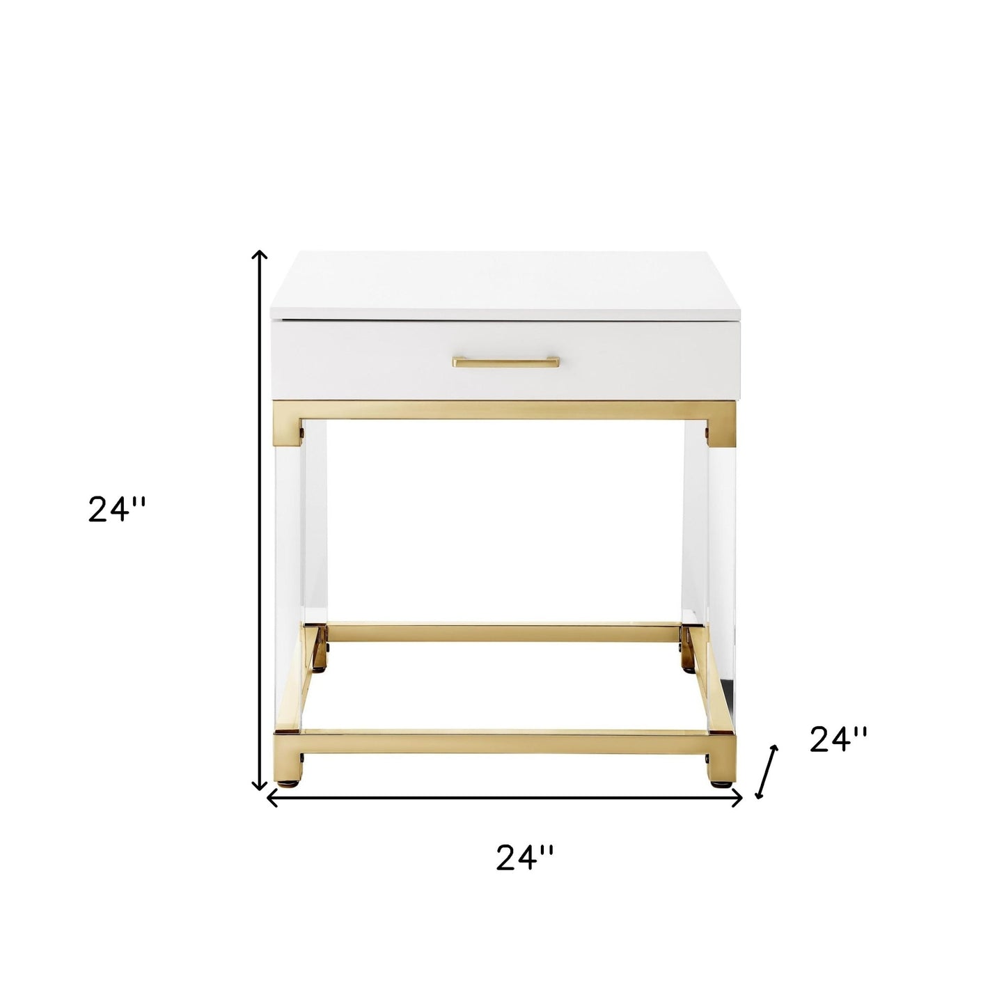 24" White and Gold Wood Acrylic and Stainless Steel Square End Table With Drawer