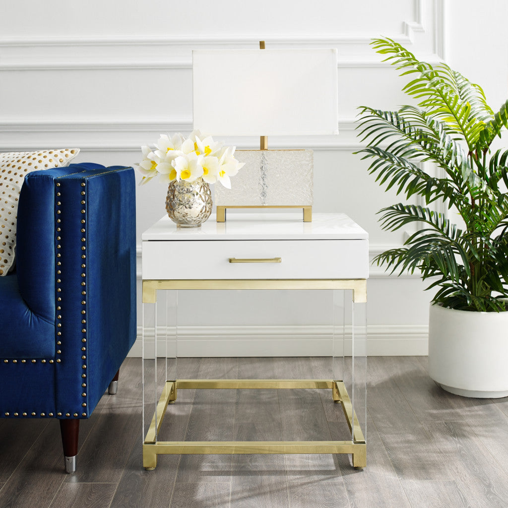 24" White and Gold Wood Acrylic and Stainless Steel Square End Table With Drawer