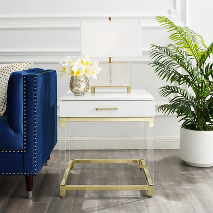 24" White and Gold Wood Acrylic and Stainless Steel Square End Table With Drawer