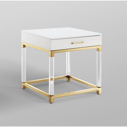 24" White and Gold Wood Acrylic and Stainless Steel Square End Table With Drawer