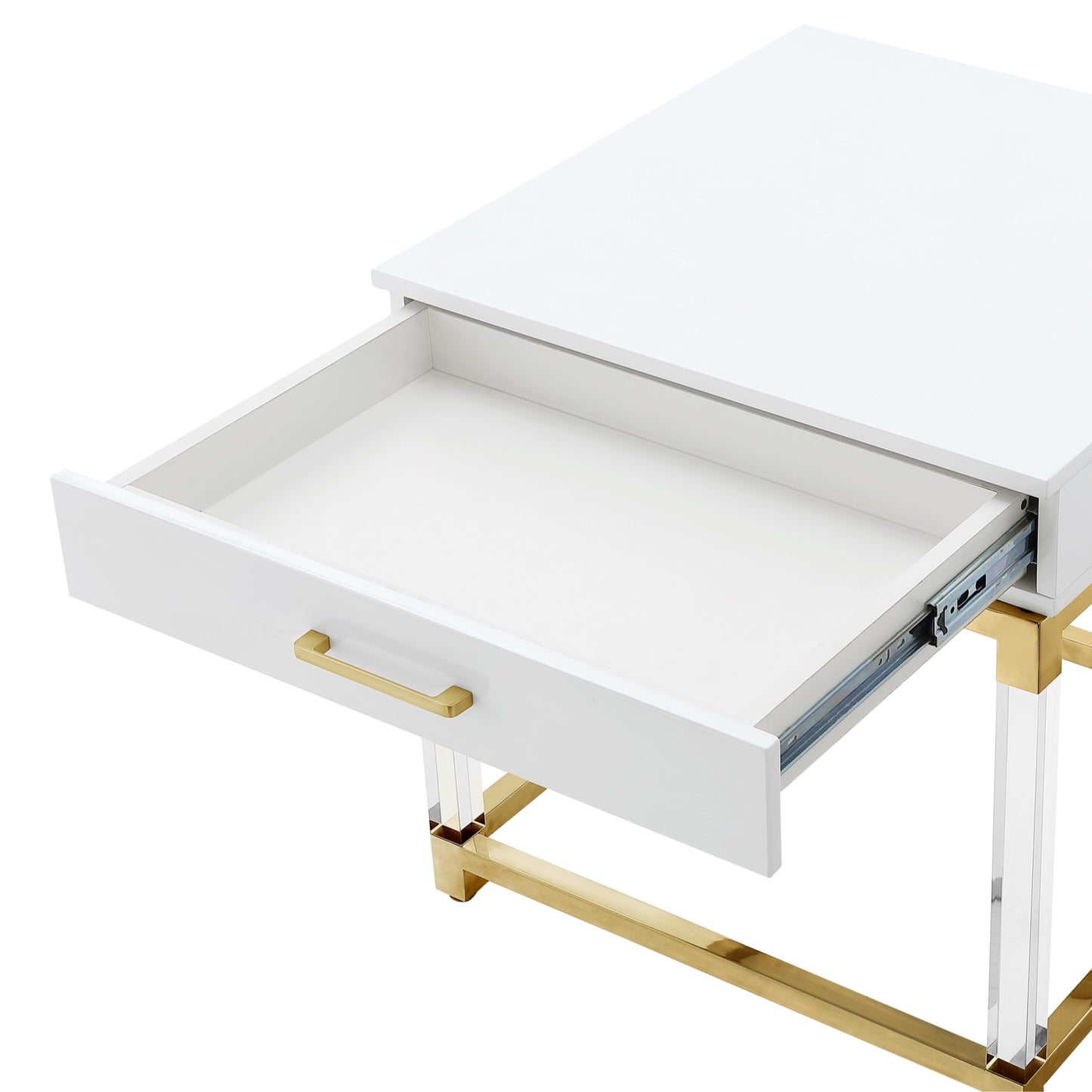 24" White and Gold Wood Acrylic and Stainless Steel Square End Table With Drawer