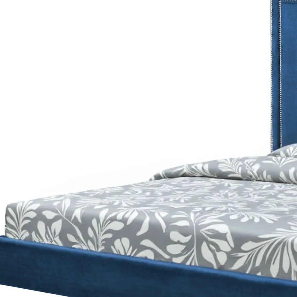 Navy Blue Solid Wood King Upholstered Velvet Bed with Nailhead Trim