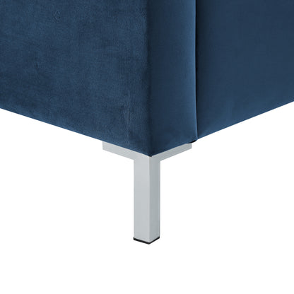 Navy Blue Solid Wood King Upholstered Velvet Bed with Nailhead Trim