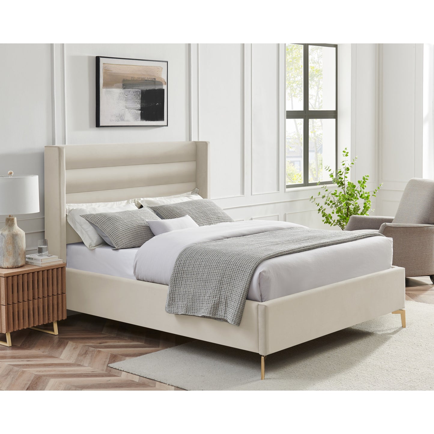 Cream Velvet Upholstered Queen Bed Frame