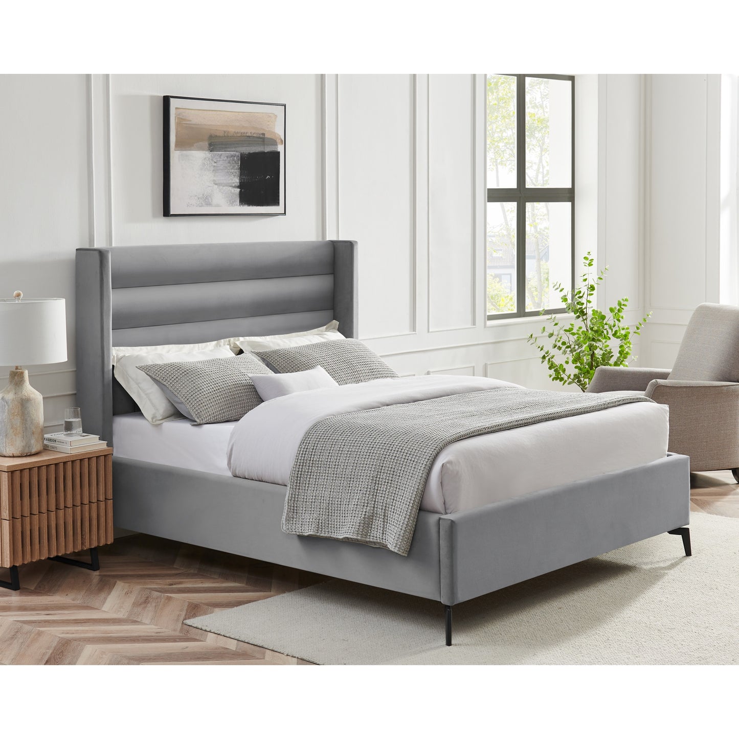 Light Gray Velvet Upholstered King Bed Frame